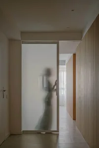 A modern glass door with a blurred silhouette of a person behind it, within a contemporary interior design setting.