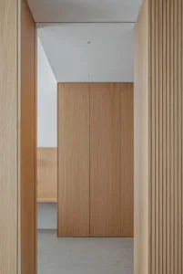 Modern closet with wooden panels and clean lines