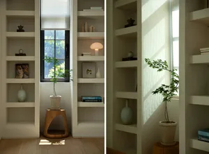 A minimalist living room with built-in shelves featuring books, plants, and decorative items.