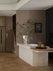 Modern kitchen interior with marble counter and sink, featuring decorative plant and pineapples.