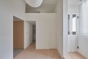 Modern minimalist residential hallway with white walls, wood flooring, and a white overhead light fixture.