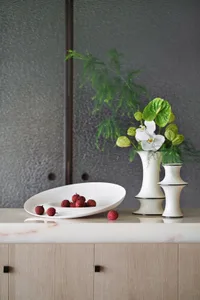 A minimalist kitchen featuring a marble countertop with a jarred berry dish and greenery in a white vessel.