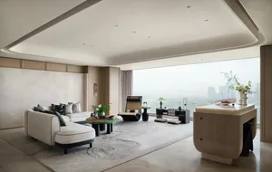 A modern minimalist living room featuring neutral-toned furnishings, large windows with a cityscape view, and elegant decorat