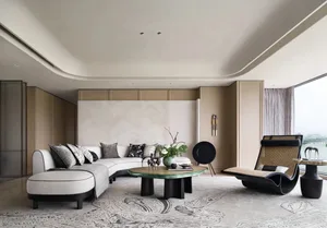 A modern living room with a concrete floor, wooden walls, and leather furniture.