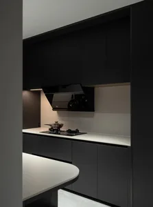 Modern minimalist kitchen with dark wood cabinets and white countertops