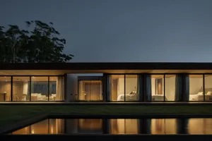 Modern residential house with large glass windows and wooden interior