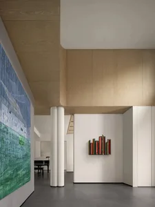 Interior design featuring modern wood paneling with a minimalist aesthetic.