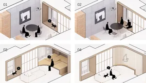 A living room with a sofa, coffee table, and cat, depicted in a rendered architectural style.