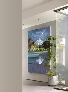 A modern interior design artwork featuring a mountain landscape with a full moon.