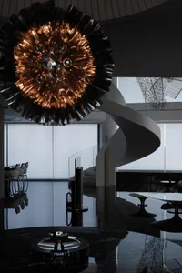 A modern lobby featuring a glass and metal design.