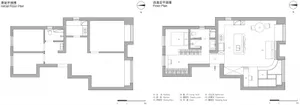Floor plan drawings comparing the original and renovated conditions of an architectural space, featuring labeled sections suc