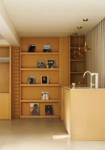 A minimalist residential room featuring a wooden bookshelf filled with various books and magazines, with a kitchen area and l