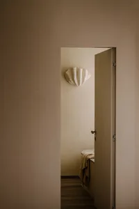 A minimalist bathroom featuring a concrete wall with a large white conch shell wall decoration.