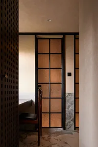 Metallic glass door in a residential interior setting
