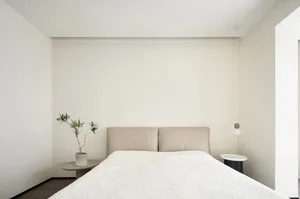 Minimalist bedroom with a bed, side tables, and a plant.