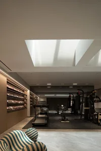 A minimalist gym interior with concrete walls, modern fitness equipment, and a skylight for natural light.