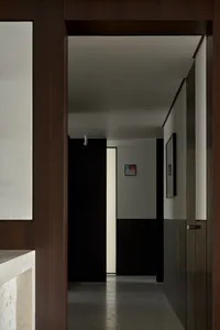 A modern interior corridor featuring dark wood finishes and a minimalist design.