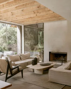Modern minimalist living room featuring concrete and wood materials.