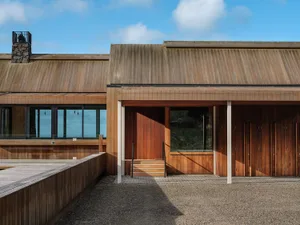 Modern building exterior constructed with wood materials