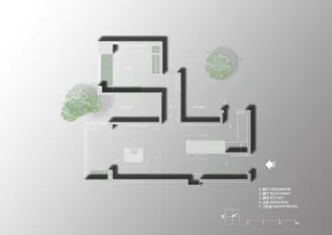 Modern residential floor plan with living room, kitchen, and bedroom.