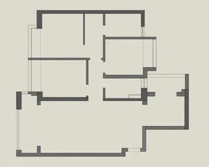 A 2D technical representation of a residential building layout with distinct rooms and hallways.
