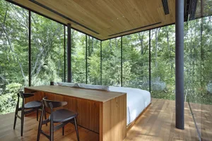 A modern bedroom with wooden walls and glass walls overlooking a forest.