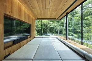 Modern living room with plush seating, wooden walls, and large glass windows overlooking a forest.