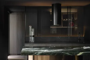A modern residential kitchen featuring dark wooden cabinets, a green marble countertop, and a sleek, minimalist design.