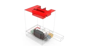 Minimalist modern office space with glass and metal elements.