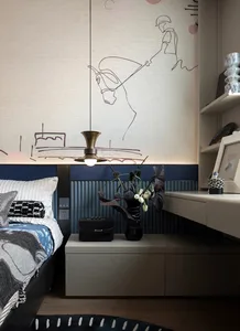 Minimalist bedroom featuring fabric furniture, indoor flowers, and wood elements.