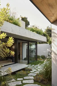 Modern, minimalist garden with a stone path and greenery, featuring a contemporary home.