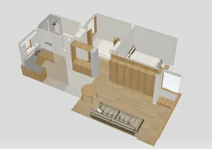 3D rendering of a minimalist apartment with white furniture and wooden accents.