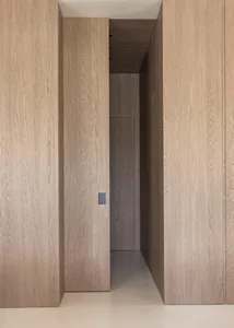 A modern minimalist interior featuring wooden walls and a clean, straight hallway.