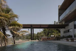 Modern, minimalist vacation home featuring concrete exterior and a large infinity pool surrounded by tropical plants and palm
