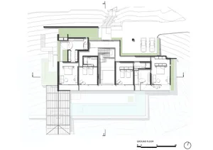 Modern interior design floor plan featuring a combination of concrete, glass, and metal materials
