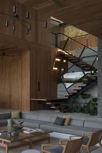 Modern living room with wooden furniture, glass coffee table, and black metal chandelier.