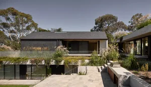 A modern residential exterior featuring a concrete facade, wooden windows, and a steel-framed door.