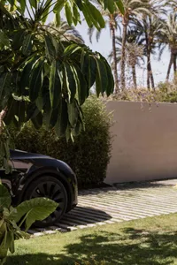 Modern exterior of a house with a car parked in a concrete driveway surrounded by green plants and palm trees.