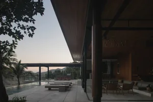 一個室內外一體的客廳空間，採用簡約設計元素，如木質裝飾與開放式格局。