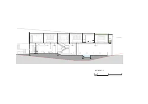 Floor plan of a modern residential interior with steel framing and glass