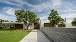 A modern house with a concrete exterior and wooden accents surrounded by greenery.