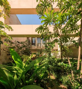 View of a modern interior design featuring lush green plants and natural light, with a focus on sustainable and eco-friendly 