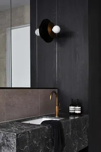Modern bathroom with marble countertop and black wooden walls.