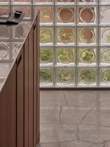 Modern kitchen with glass tile backsplash