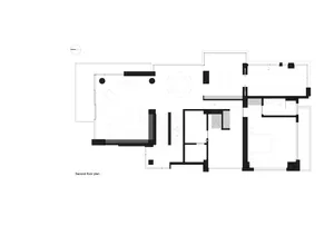 Second floor architectural plan of a modern minimalist house featuring open spaces and clean lines.