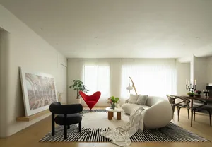 Modern living room with minimalist interior design, featuring neutral-colored furniture and decor, and a subtle black and whi