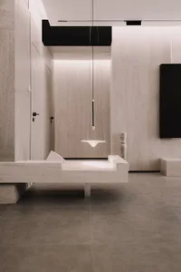 Minimalist design featuring concrete furniture and flooring
