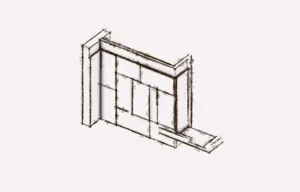 A modern floating shelf unit with multiple compartments for storage and display.