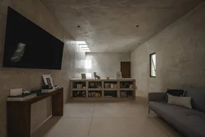 Modern minimalist living room with concrete walls, a low-slung bookshelf, a grey sofa, and a large screen TV mounted on the w