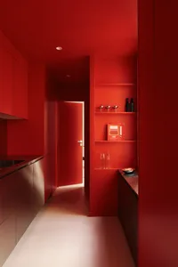 Modern red kitchen with integrated storage solutions and minimalist design.